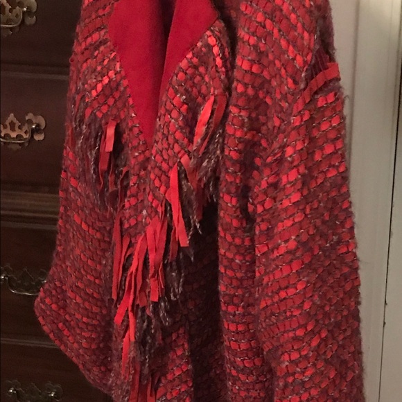 Vintage 80s Woven Red Suede Fringed Jacket, M - Picture 2 of 16